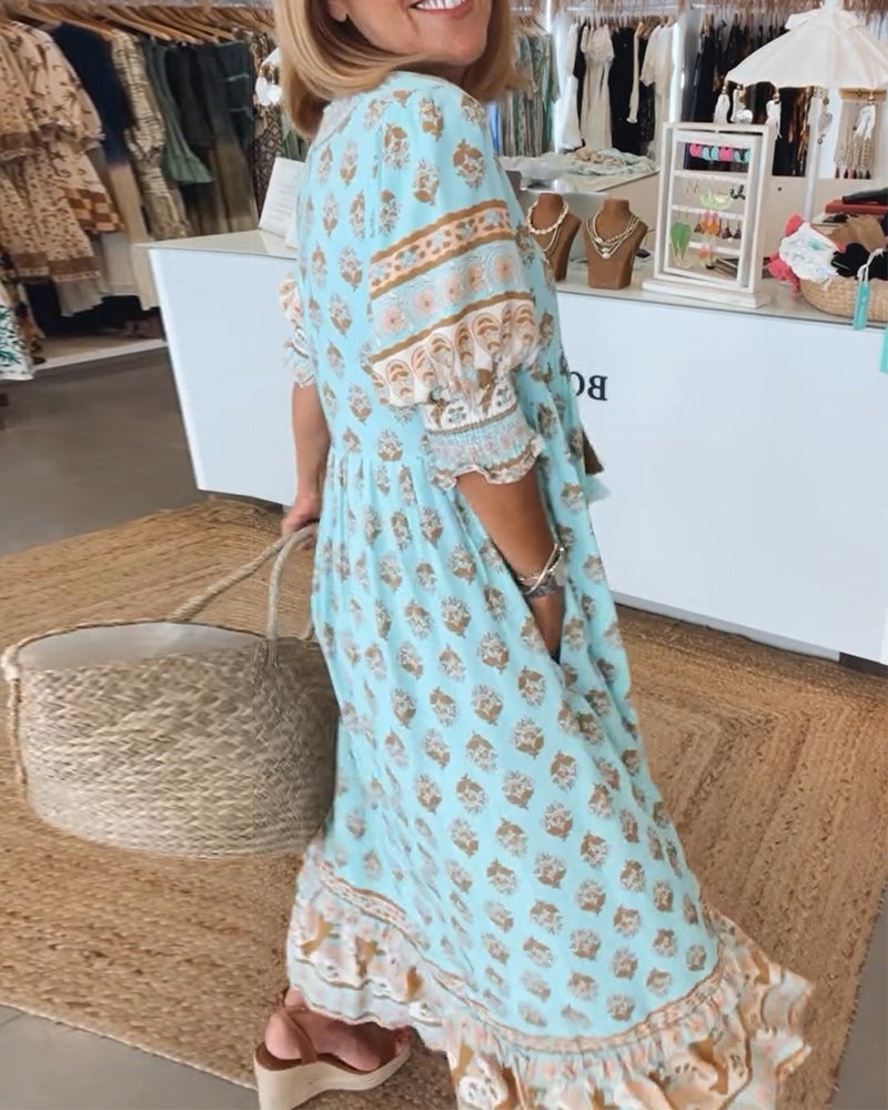 Peyton – Lange bohemian jurk met lantaarnmouwen