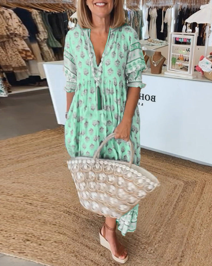 Peyton – Lange bohemian jurk met lantaarnmouwen