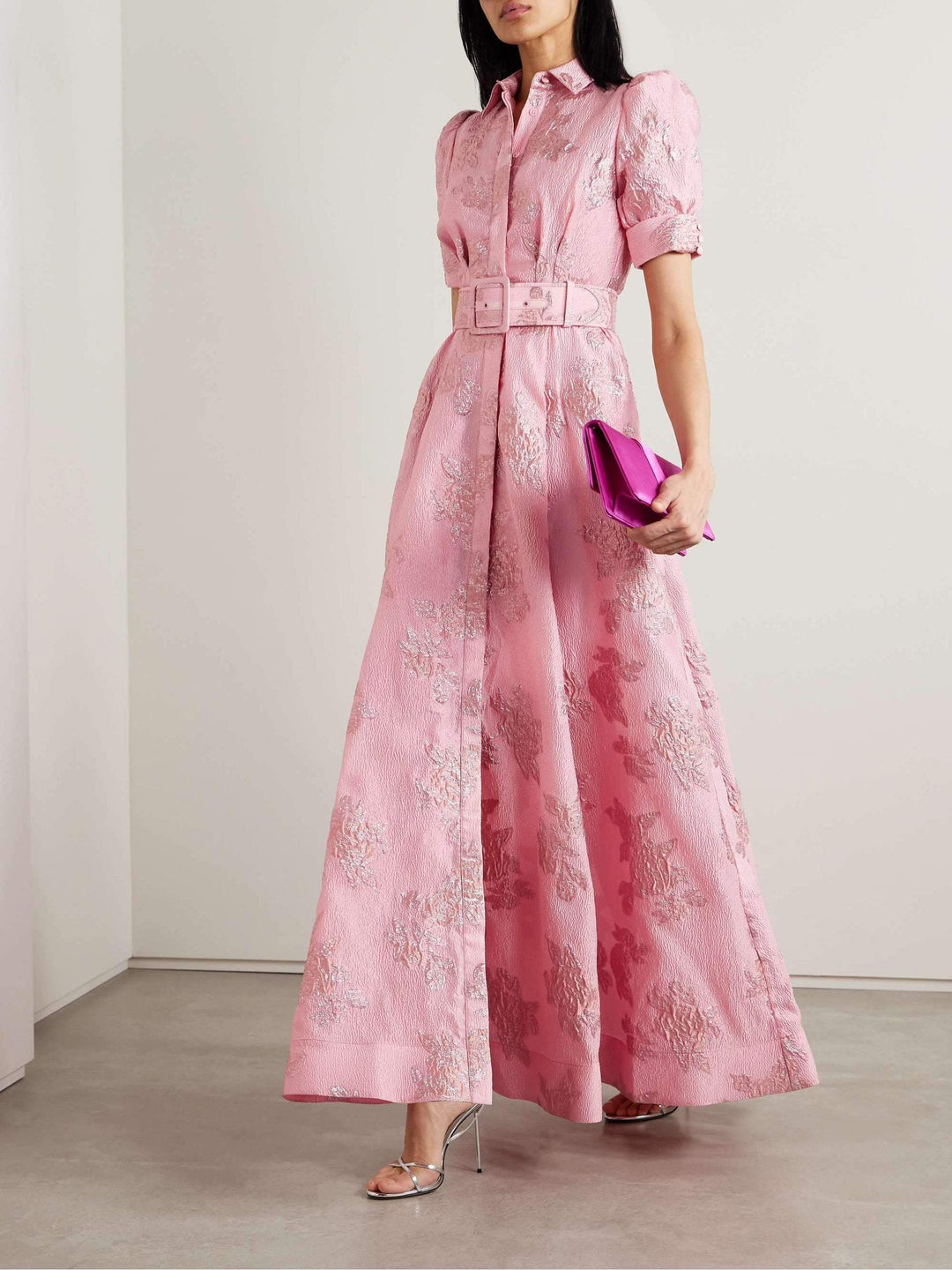 Aven - Retro roze revers hoge taille jurk 