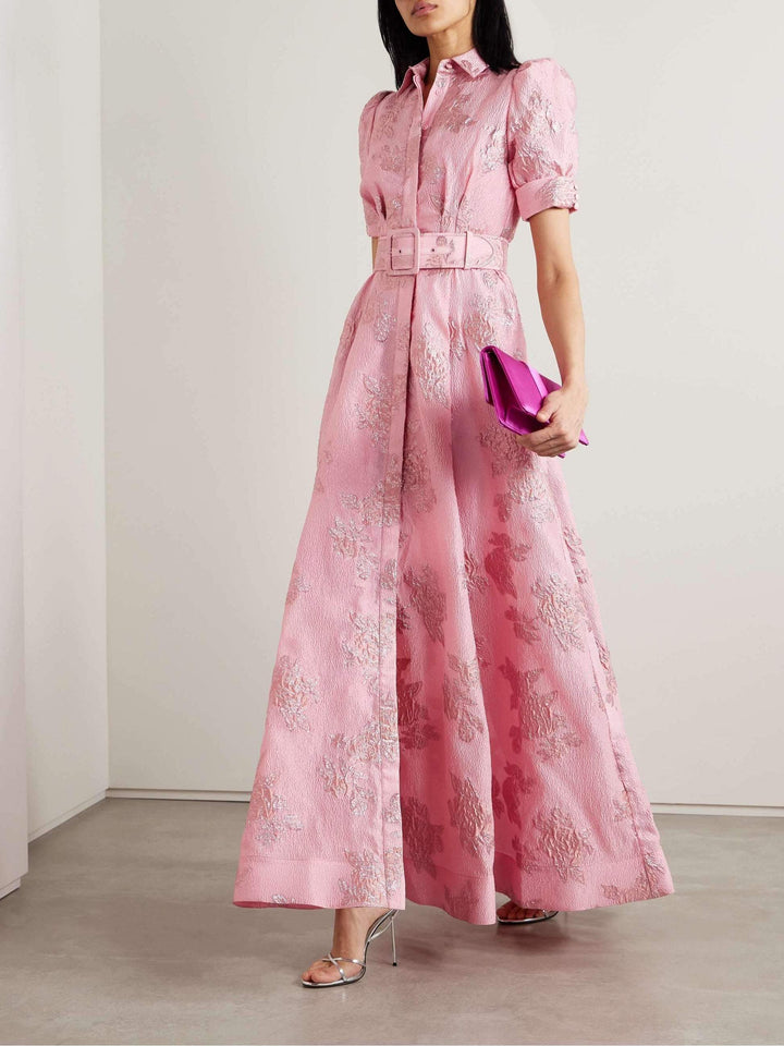 Aven - Retro roze revers hoge taille jurk 