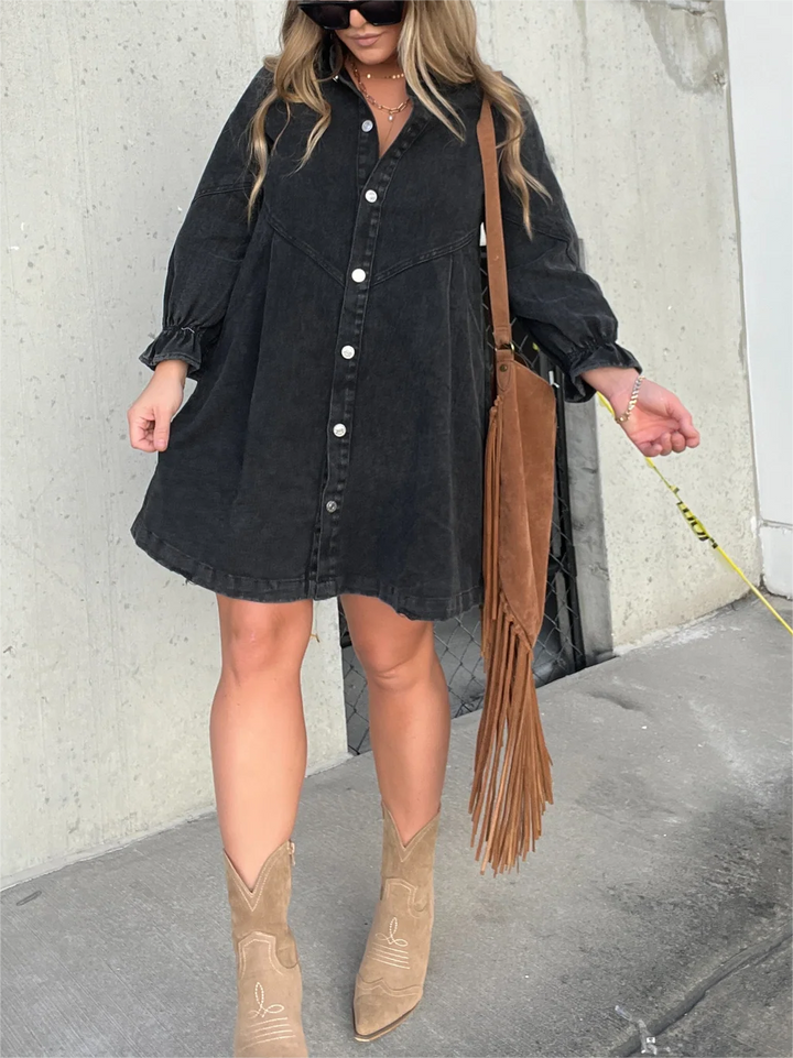 Galilea - Chique denim midi-jurk met omslagkraag