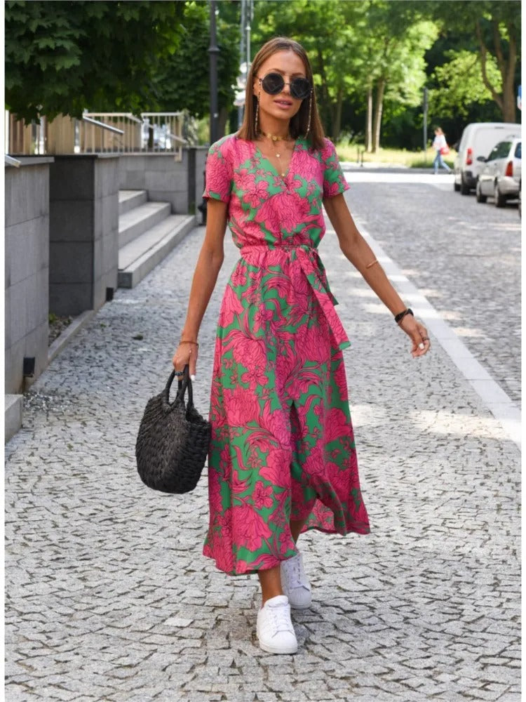 Vada - Sunset Stroll V-hals split print jurk