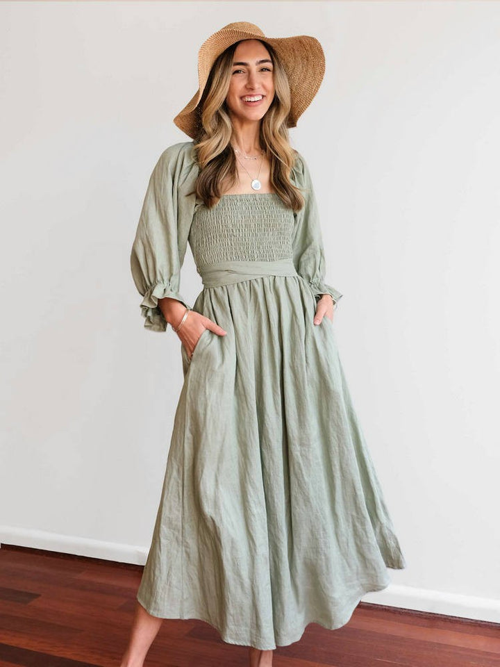 Aviana - Elegante, omkeerbare maxi-jurk met pofmouwen 