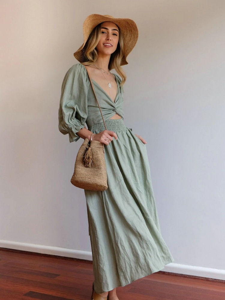 Aviana - Elegante, omkeerbare maxi-jurk met pofmouwen 