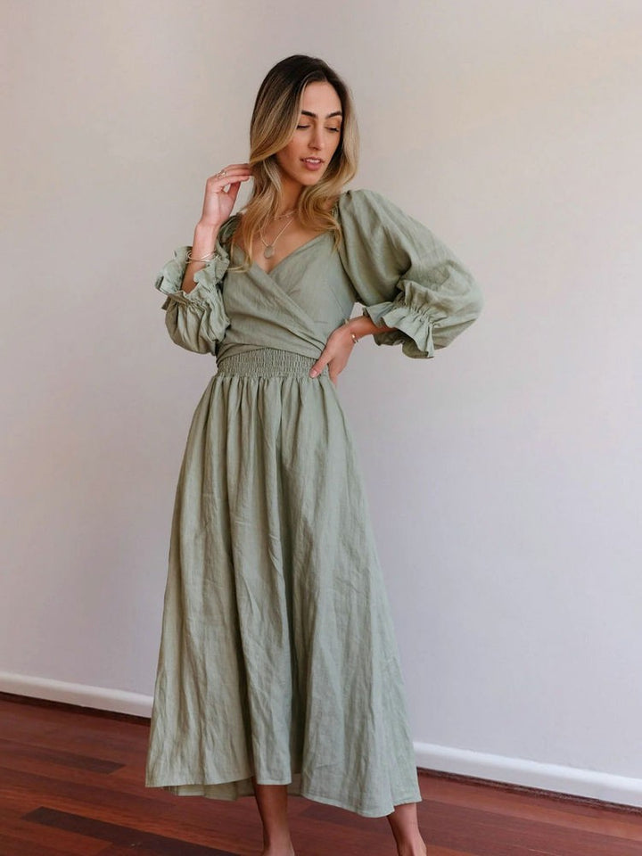 Aviana - Elegante, omkeerbare maxi-jurk met pofmouwen 