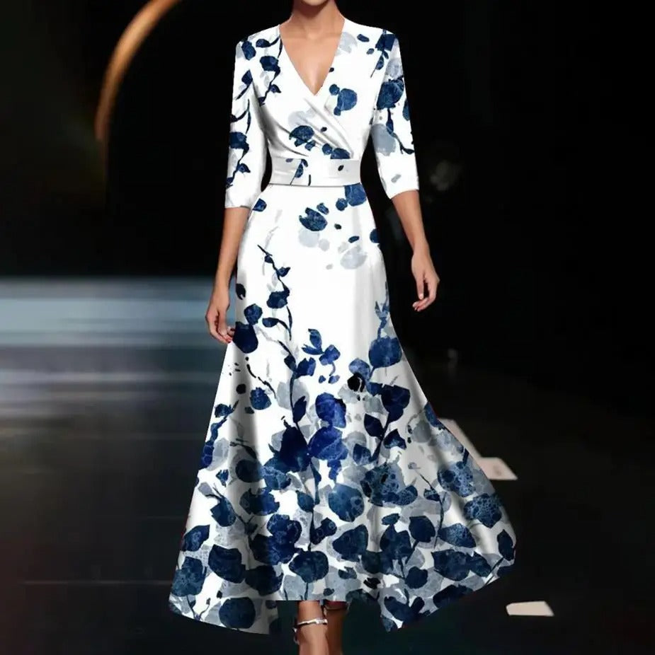 Emily - Bedrukte midi-jurk met hoge taille en middellange mouwen