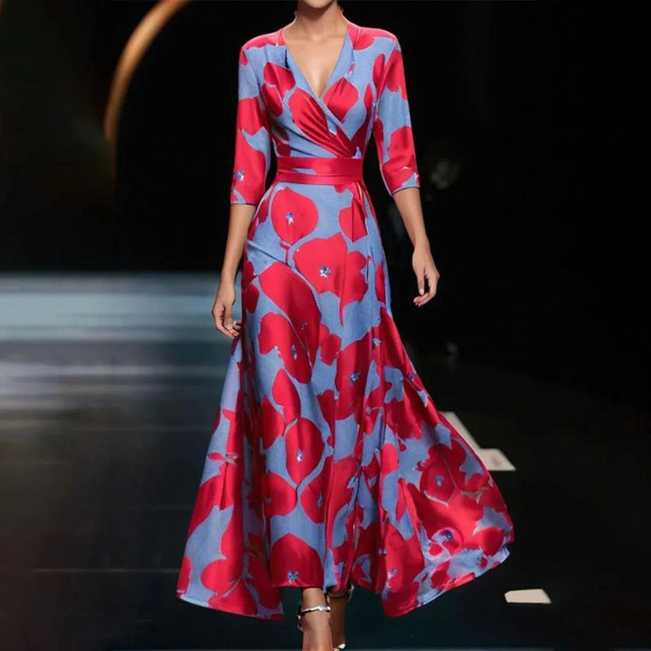 Emily - Bedrukte midi-jurk met hoge taille en middellange mouwen