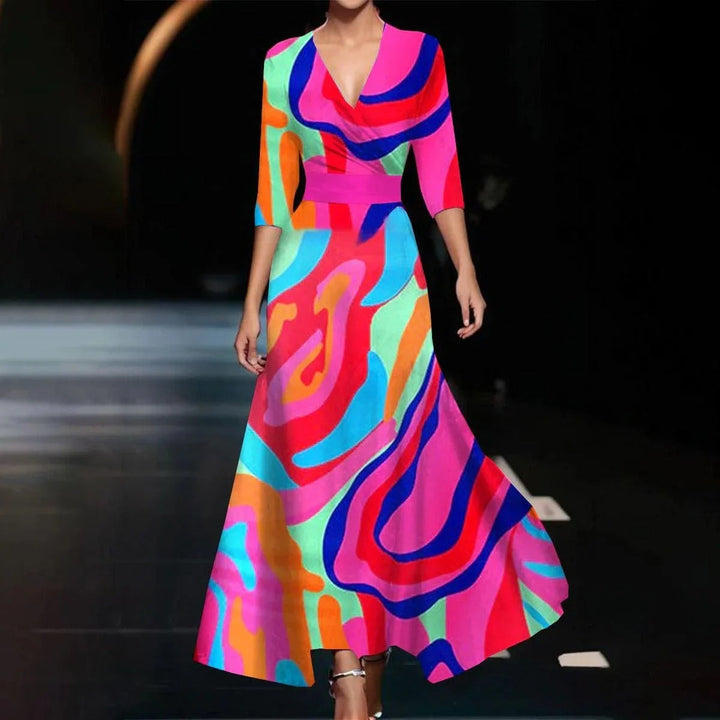 Emily - Bedrukte midi-jurk met hoge taille en middellange mouwen