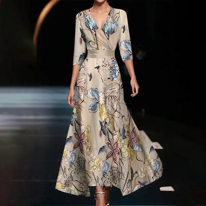 Emily - Bedrukte midi-jurk met hoge taille en middellange mouwen